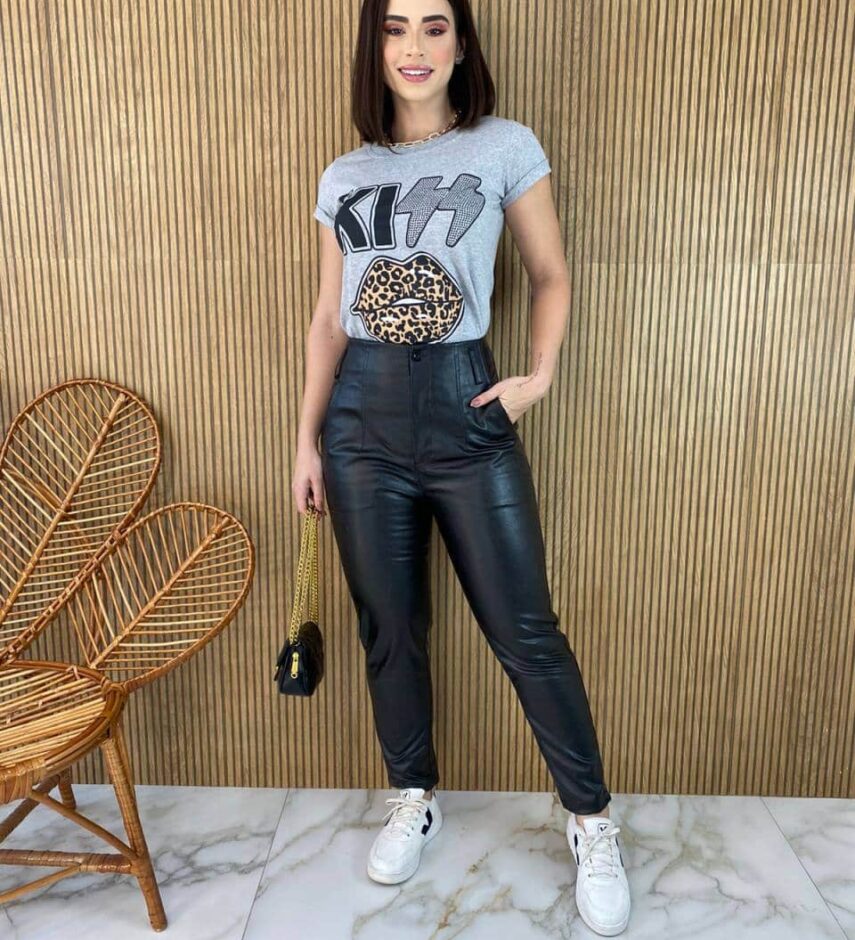 T-shirt Manga Curta Kiss Animal Print Cinza - Fernanda Ramos Store
