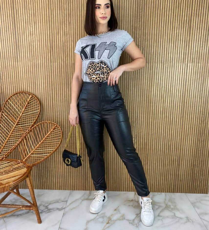 T-shirt Manga Curta Kiss Animal Print Cinza - Fernanda Ramos Store