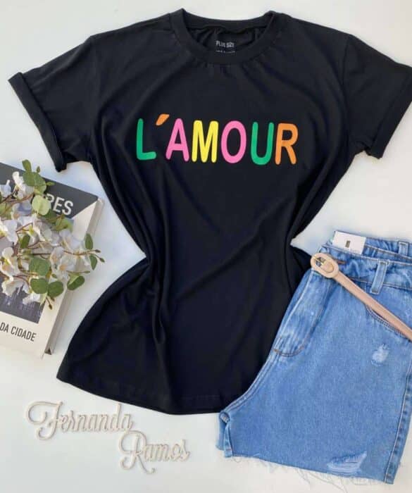 T-shirt Manga Curta Plus Size L'Amour Preta Fernanda Ramos Store