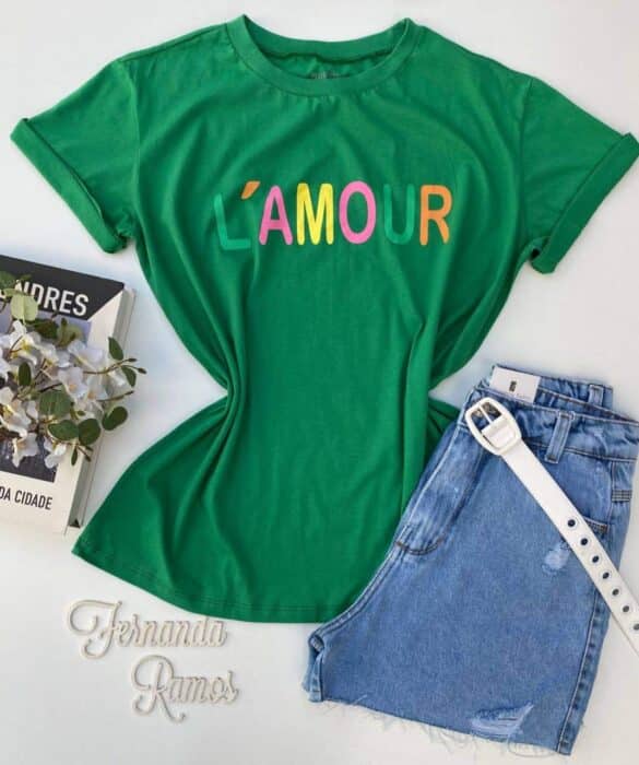 T-shirt Manga Curta Plus Size L'Amour Verde Fernanda Ramos Store