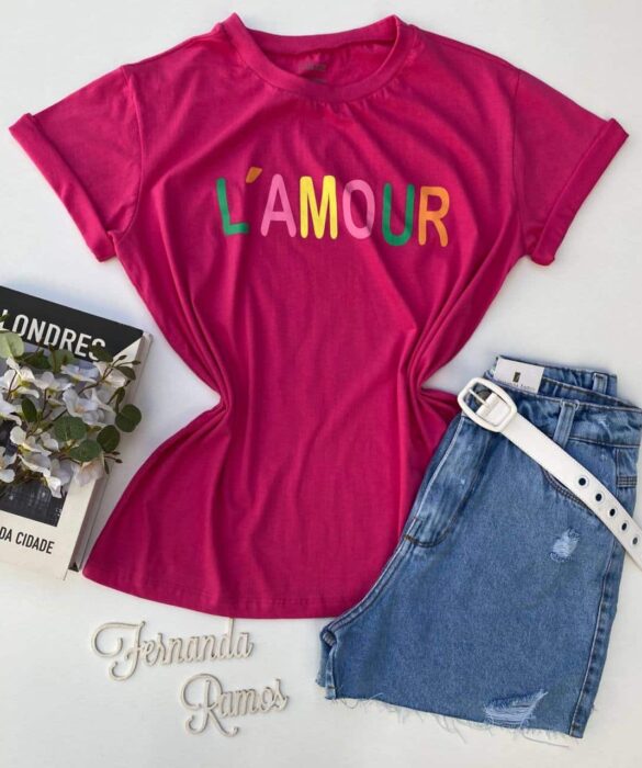 T-shirt Manga Curta Plus Size L'Amour Pink Fernanda Ramos Store