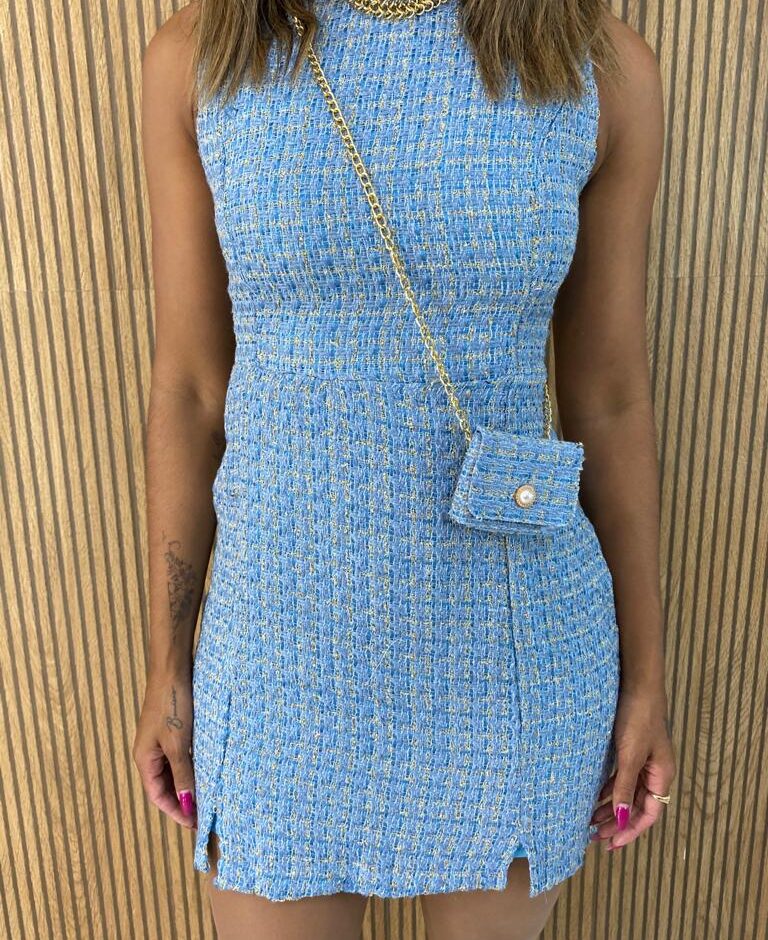 Vestido Curto Feminino sem Bojo Tweed com Bolsinha Azul - Fernanda Ramos Store