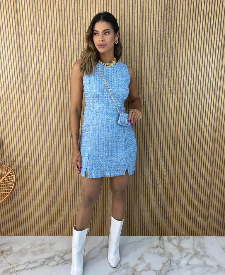 Vestido Curto Feminino sem Bojo Tweed com Bolsinha Azul - Fernanda Ramos Store
