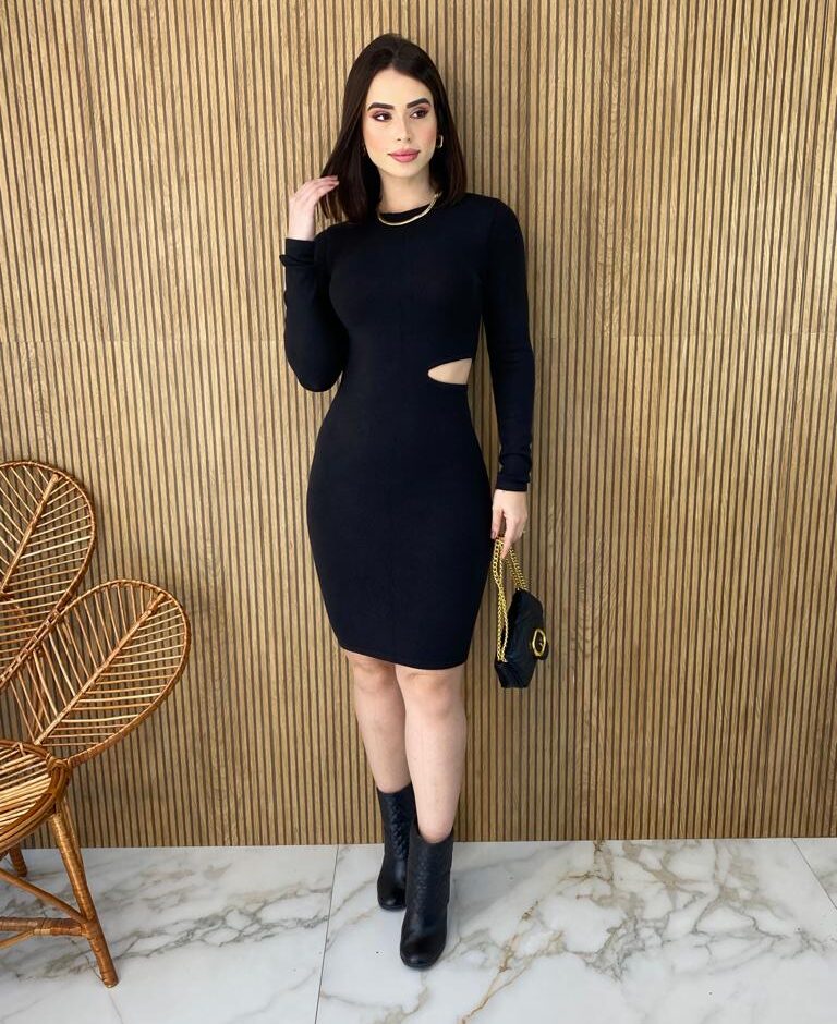 Vestido Curto Manga Longa com Abertura Modal Preto Fernanda Ramos Store