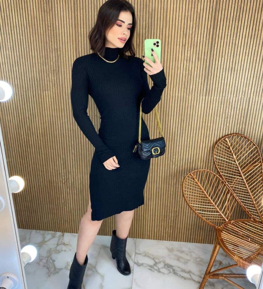 Vestido Curto sem Bojo Tricot Sophia Manga Longa Preto - Fernanda Ramos Store