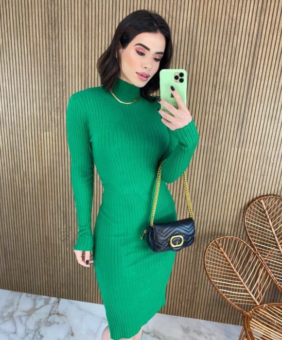 Vestido Curto Feminino Manga Longa com Bojo Verde - Fernanda Ramos