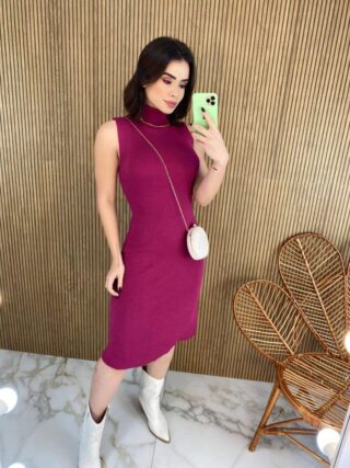 Vestido Feminino Midi Tricot Manu com Gola Fúcsia - Fernanda Ramos Store