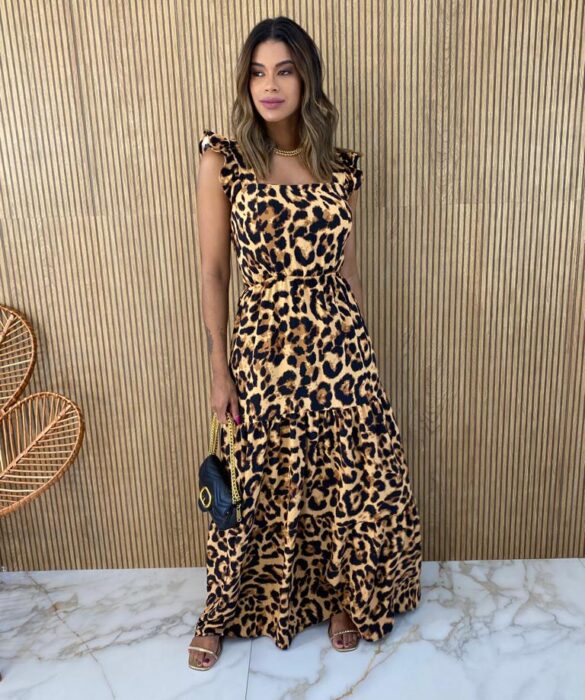 Vestido Longo com Bojo Alça com Babados Animal Print Fernanda Ramos Store