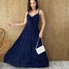 Vestido Longo com Bojo Alça Regulável Maisa Poá Azul Fernanda Ramos Store