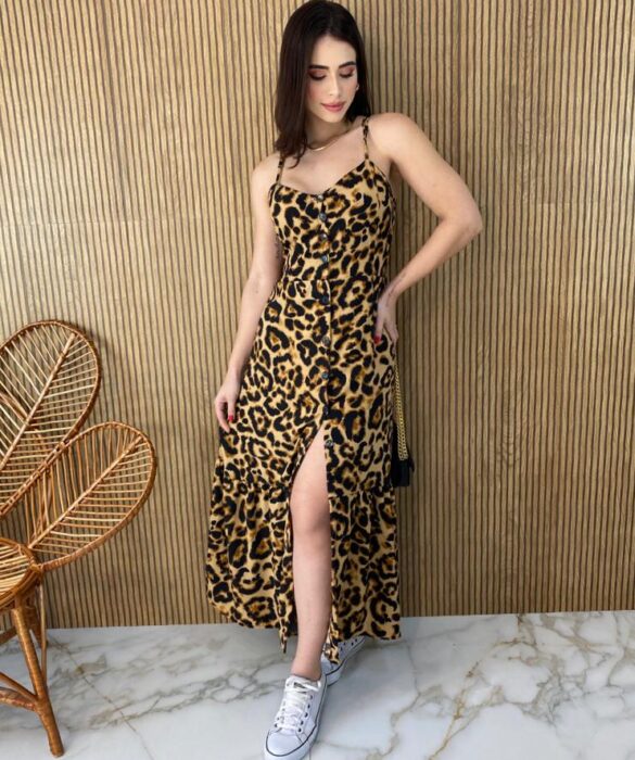 Vestido Longo com Bojo e Botões Alça Regulável Animal Print Fernanda Ramos Store