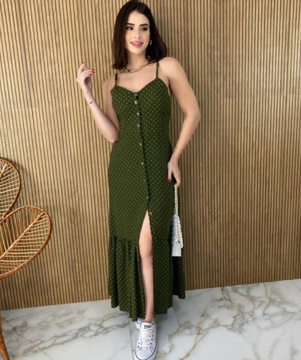 Vestido Longo com Bojo e Botões Alça Regulável Poá Verde Fernanda Ramos Store