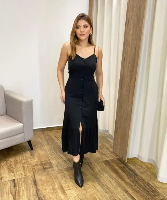 Vestido Longo com Bojo e Botões Alça Regulável Preto - Fernanda Ramos Store