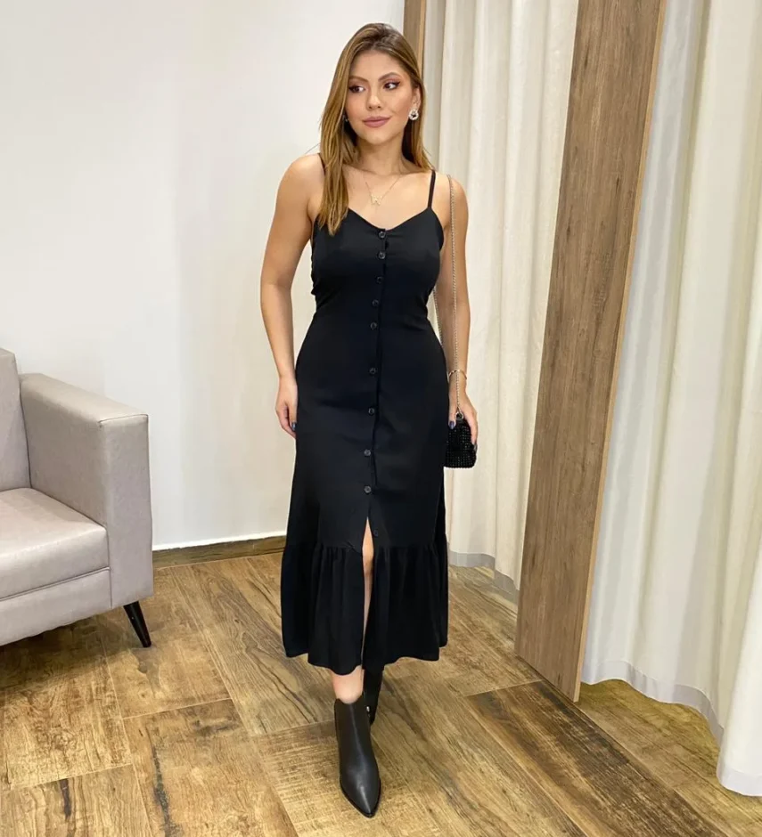 Vestido Longo com Bojo e Botões Alça Regulável Preto - Fernanda Ramos Store