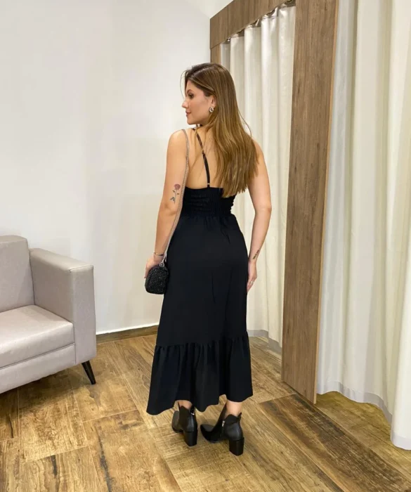 Vestido Longo com Bojo e Botões Alça Regulável Preto - Fernanda Ramos Store