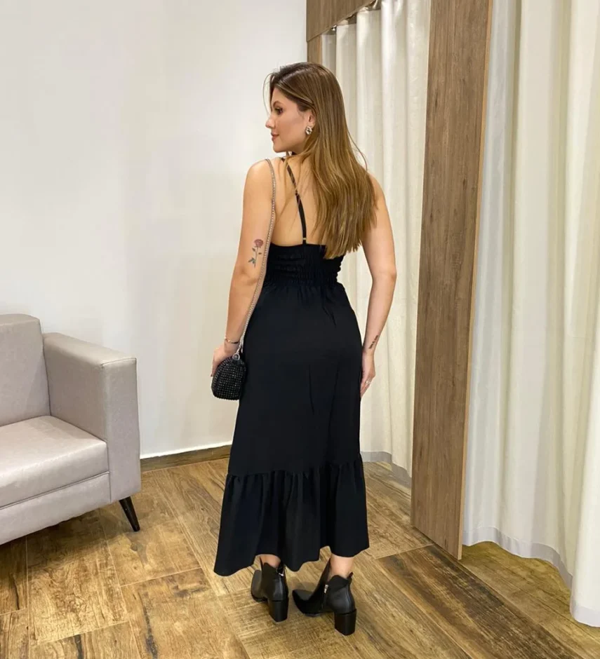 Vestido Longo com Bojo e Botões Alça Regulável Preto - Fernanda Ramos Store