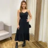 Vestido Longo com Bojo e Botões Alça Regulável Preto - Fernanda Ramos Store