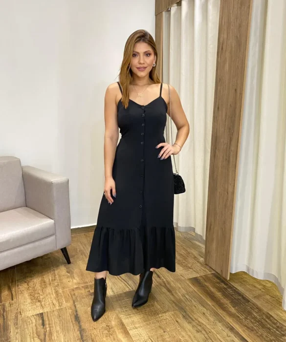 Vestido Longo com Bojo e Botões Alça Regulável Preto - Fernanda Ramos Store