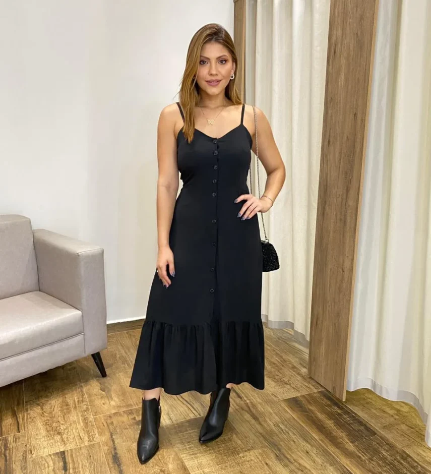 Vestido Longo com Bojo e Botões Alça Regulável Preto - Fernanda Ramos Store
