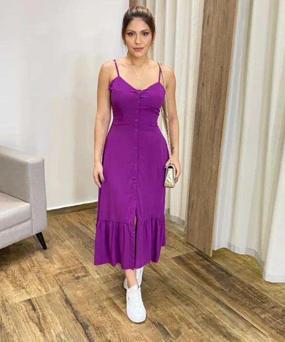 Vestido Longo com Bojo e Botões Alça Regulável Roxo - Fernanda Ramos Store