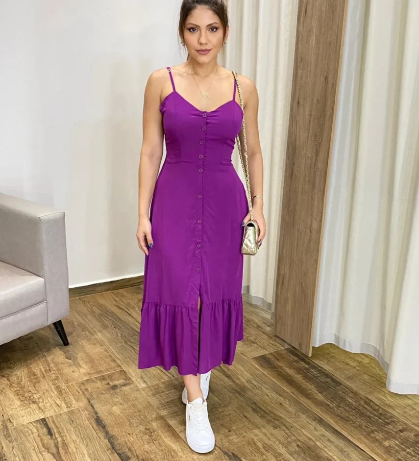 Vestido Longo com Bojo e Botões Alça Regulável Roxo - Fernanda Ramos Store