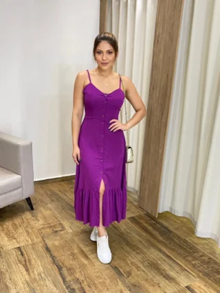 Vestido Longo com Bojo e Botões Alça Regulável Roxo - Fernanda Ramos Store