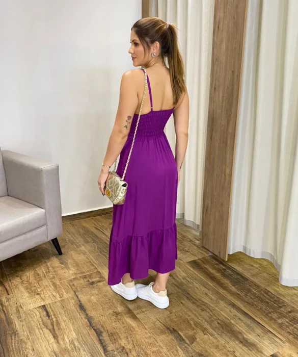 Vestido Longo com Bojo e Botões Alça Regulável Roxo - Fernanda Ramos Store