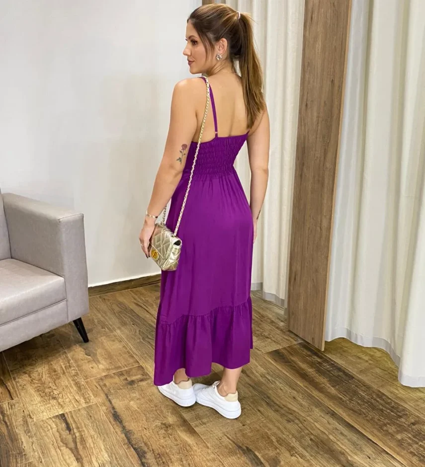 Vestido Longo com Bojo e Botões Alça Regulável Roxo - Fernanda Ramos Store