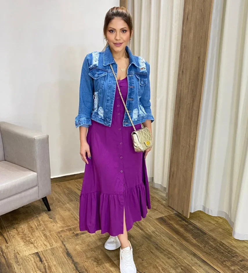 Vestido Longo com Bojo e Botões Alça Regulável Roxo - Fernanda Ramos Store