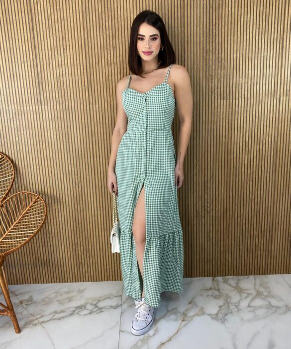 Vestido Longo com Bojo e Botões Xadrez Verde Fernanda Ramos Store