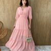 Vestido Longo sem Bojo com Relevo e Botões Falsos Rosa Fernanda Ramos Store