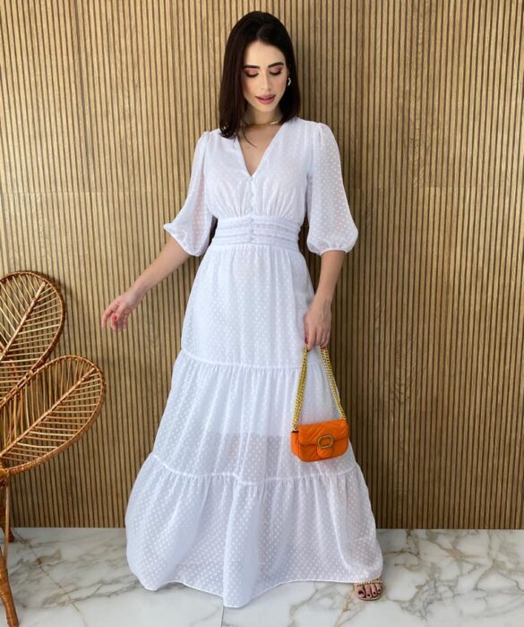 Vestido Longo sem Bojo com Relevo e Botões Falsos Branco Fernanda Ramos Store