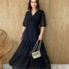 Vestido Longo sem Bojo com Relevo e Botões Falsos Preto Fernanda Ramos Store