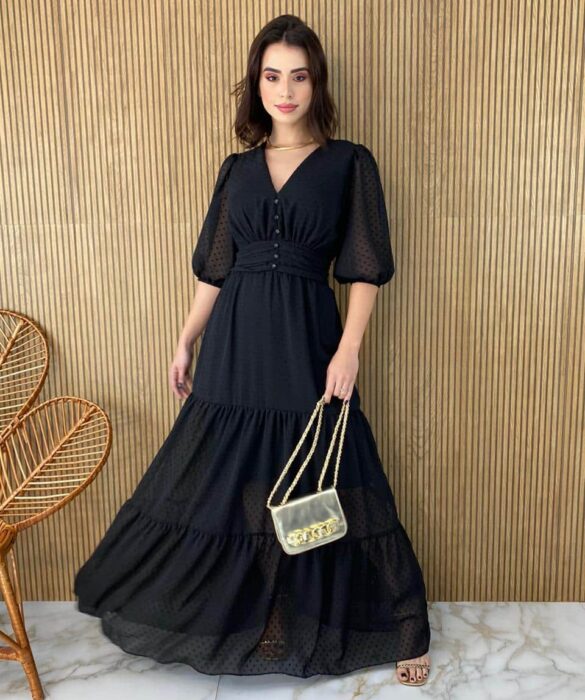 Vestido Longo sem Bojo com Relevo e Botões Falsos Preto Fernanda Ramos Store