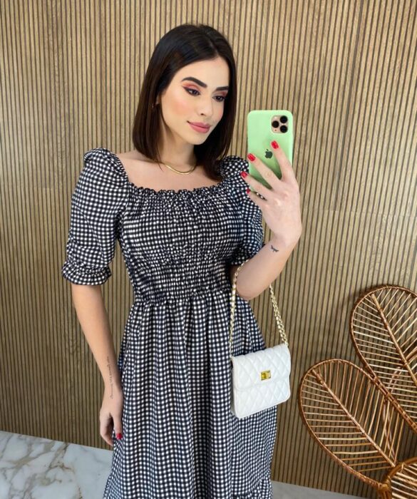 fernandaramosstore com br vestido midi sem bojo com lastex xadrez preto 2