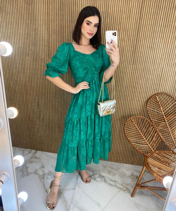 fernandaramosstore com br vestido midi sem bojo manga 34 com detalhe verde 1