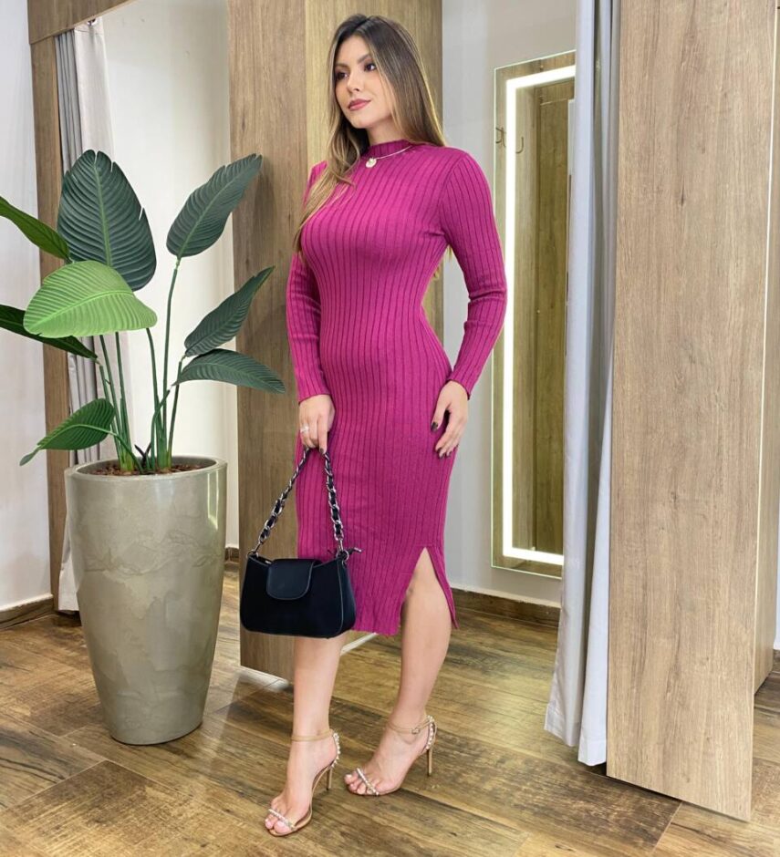 Vestido Midi sem Bojo Tricot Julia Manga Longa Fúcsia - Fernanda Ramos Store