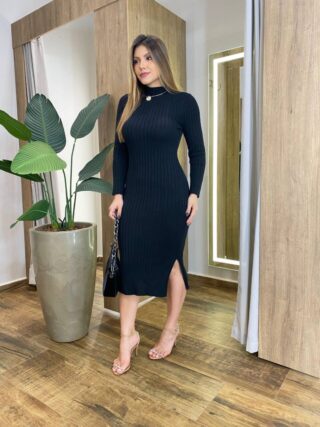 Vestido Midi sem Bojo Tricot Julia Manga Longa Preto - Fernanda Ramos Store