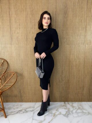 Vestido Midi sem Bojo Tricot Julia Manga Longa Preto - Fernanda Ramos Store