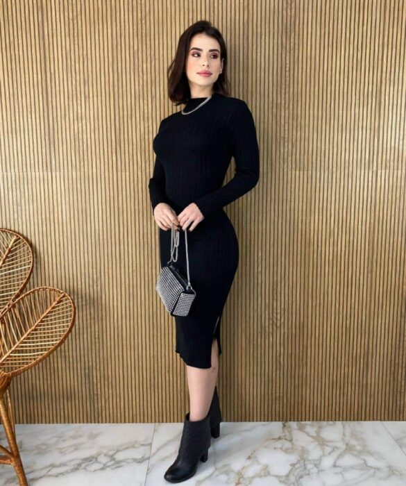 Vestido Midi sem Bojo Tricot Julia Manga Longa Preto - Fernanda Ramos Store