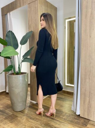 Vestido Midi sem Bojo Tricot Julia Manga Longa Preto - Fernanda Ramos Store