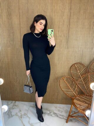 Vestido Midi sem Bojo Tricot Julia Manga Longa Preto - Fernanda Ramos Store