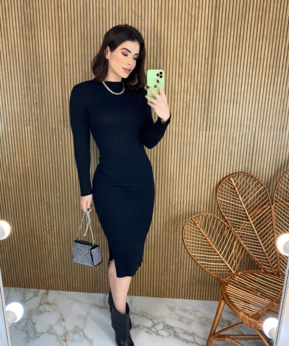 Vestido Midi sem Bojo Tricot Julia Manga Longa Preto - Fernanda Ramos Store