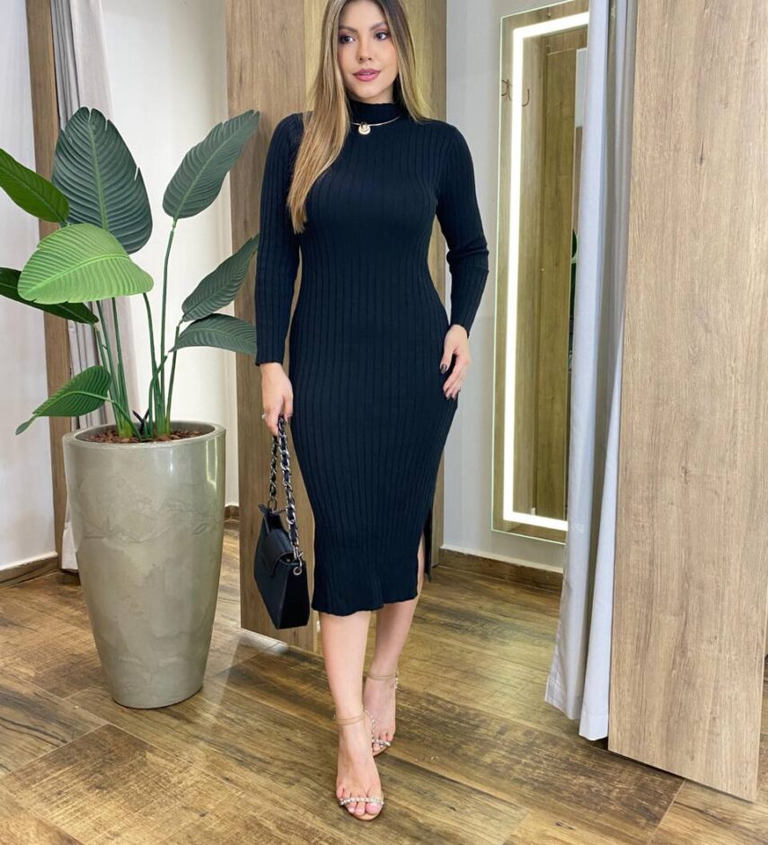 Vestido Midi sem Bojo Tricot Julia Manga Longa Preto - Fernanda Ramos Store