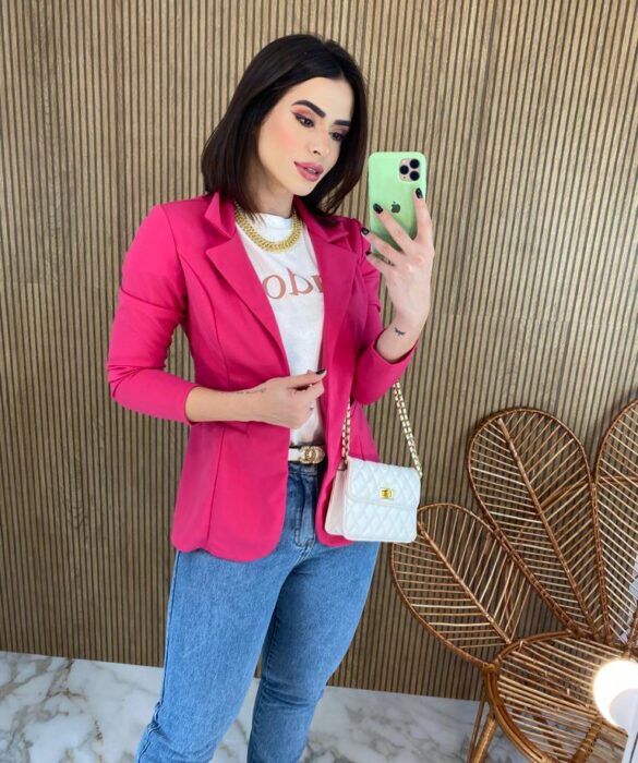 Blazer Manga Longa Feminino Bolso Falso Bia Pink Fernanda Ramos Store