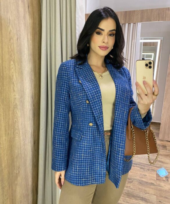 Blazer Manga Longa Feminino Tweed Azul - Fernanda Ramos Store