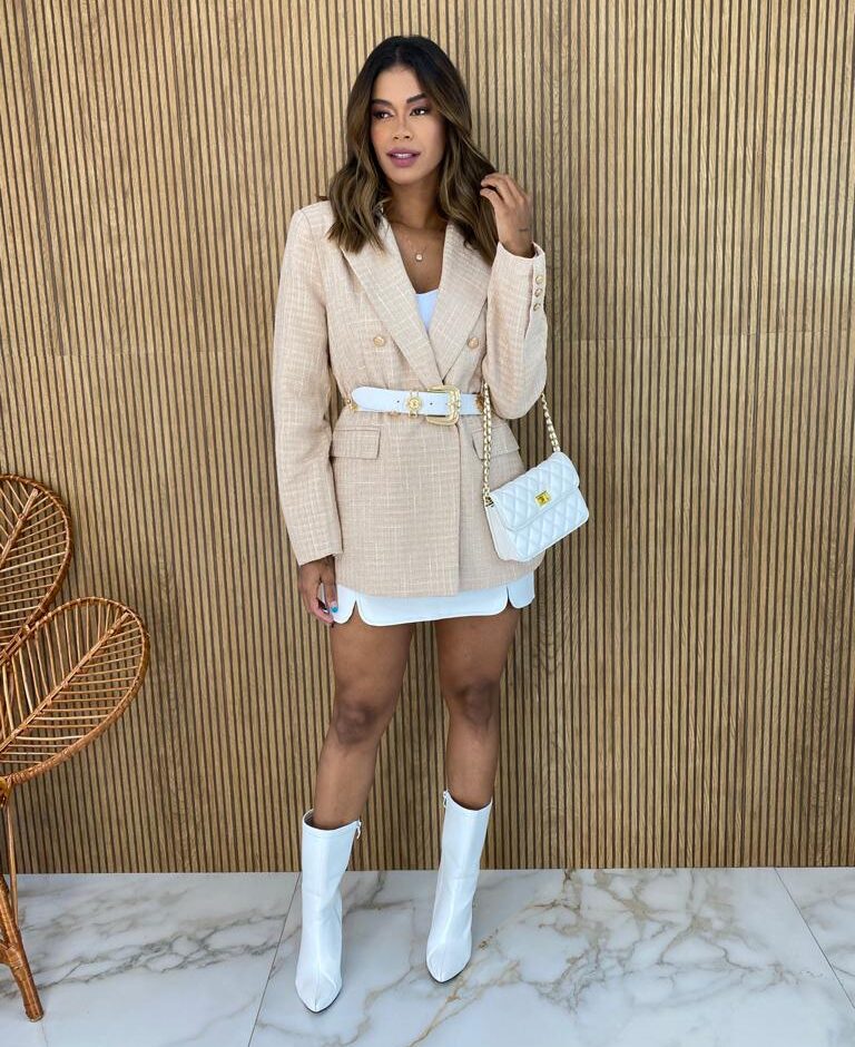 Blazer Manga Longa Feminino Tweed Bege - Fernanda Ramos Store