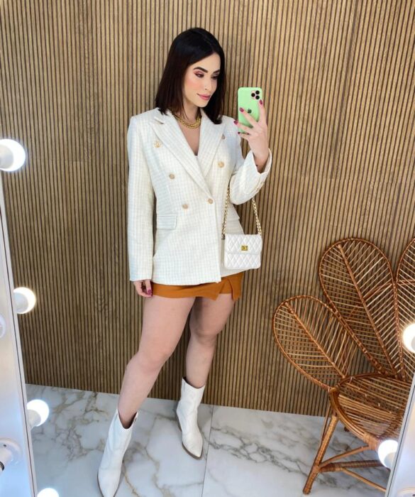 Blazer Manga Longa Feminino Tweed Branco - Fernanda Ramos Store