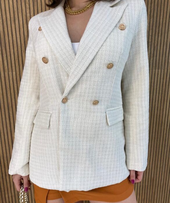 Blazer Manga Longa Feminino Tweed Branco - Fernanda Ramos Store