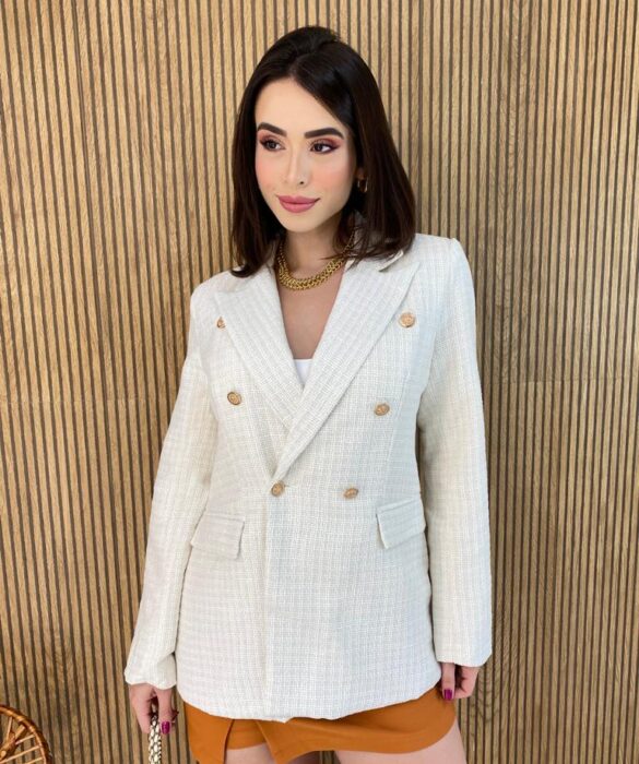 Blazer Manga Longa Feminino Tweed Branco - Fernanda Ramos Store