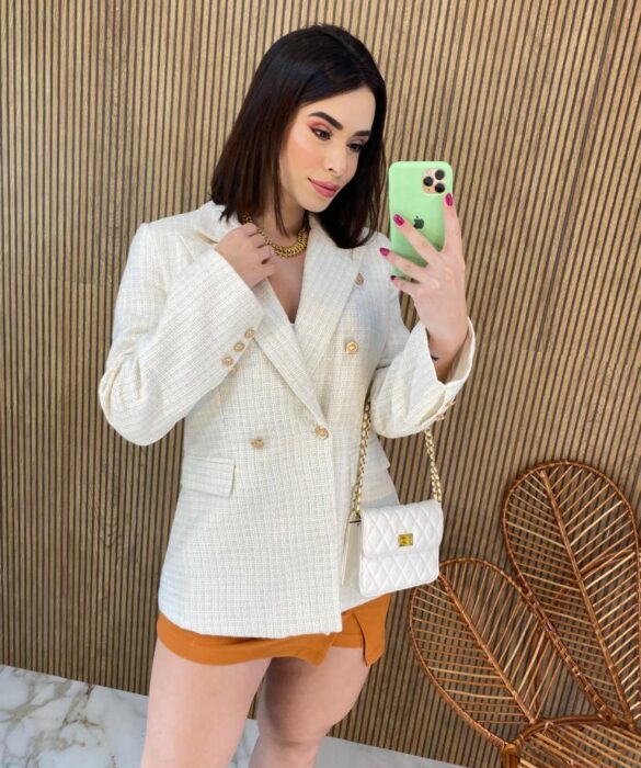 Blazer Manga Longa Feminino Tweed Branco - Fernanda Ramos Store